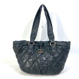 CHANEL Black Leather Logo Shoulder Bag